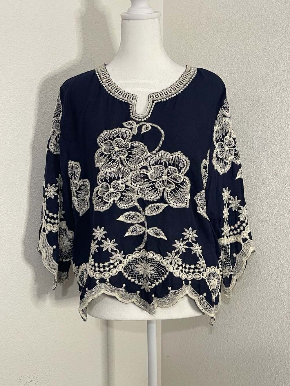 Solitaire Navy Blue Floral Embroidered Boho Blouse with Crochet Trim. L